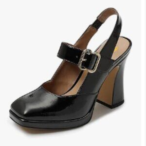 FYS Black Platform Square Toe Pumps Block High Heel Mary Janes Slingback Shoes